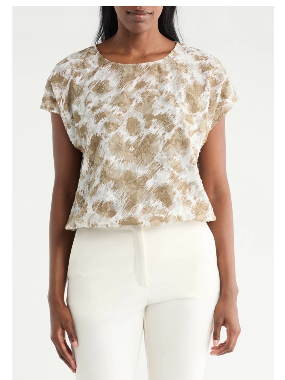 Pleione Textured Sheer Gathered Top- Taupe/White- Size S - NWT
